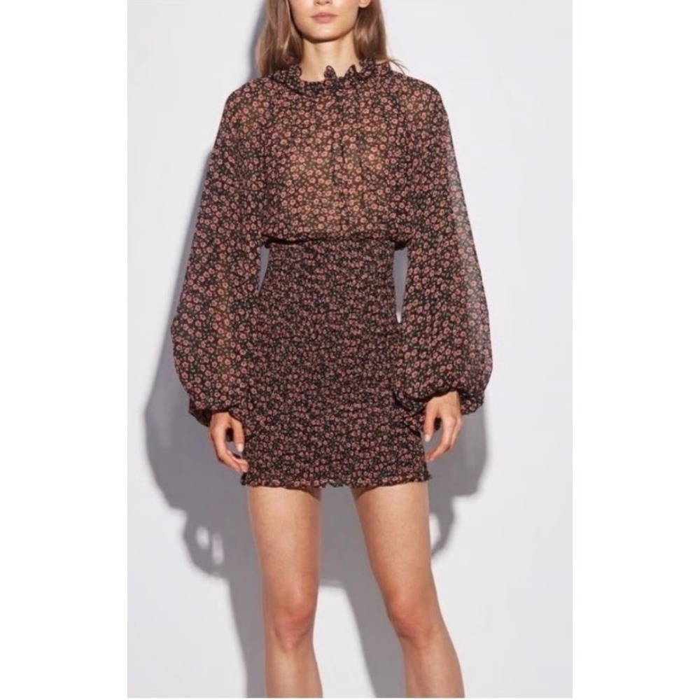 C/MEO Collective Floral Mini Dress‎ Long Sleeve Ruffle Neck Smocked Party